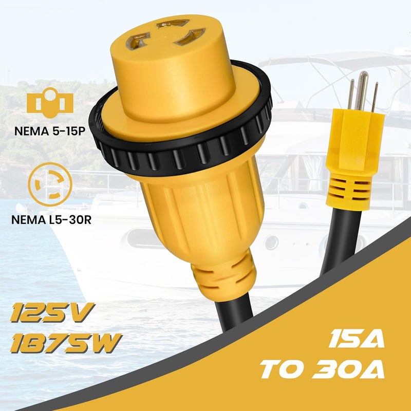 CORDMITPRO 1.5FT Overload Protection 15 Amp to 30 Amp Marine Shore Power Adapter with Circuit Breaker, Nema 5-15P to L5-30R Twist Lock Boat Shore Power Cord for Yacht, 30A Receptacle to 110V 15A Household Plug - Image 4